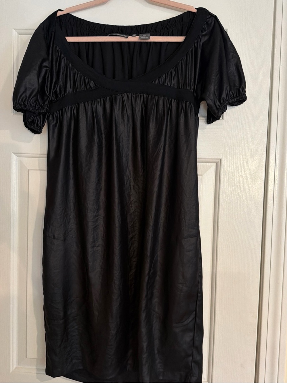 Vintage Daryl K leather look Black puff Short-Sleeve Empire Waist Dress size M